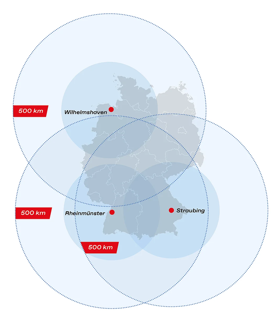 Eine Karte zeigt die drei Werftstandorte der DRF Aviation Services in Rheinmünster, Straubing und Wilhelmshaven.